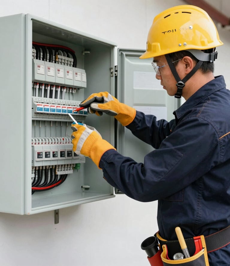 Modern electrician installing smart home automation panel in a luxury house.