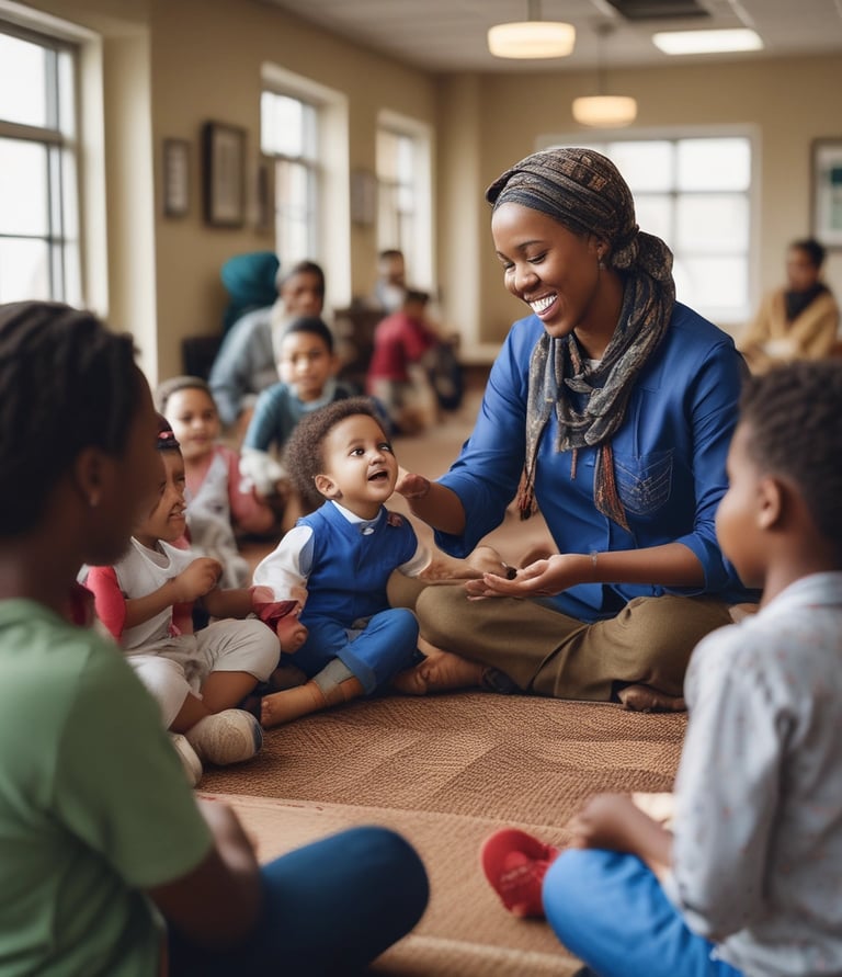 A diverse group of Somali healthcare and childcare workers engaging warmly with community members in a bright, welcoming space.