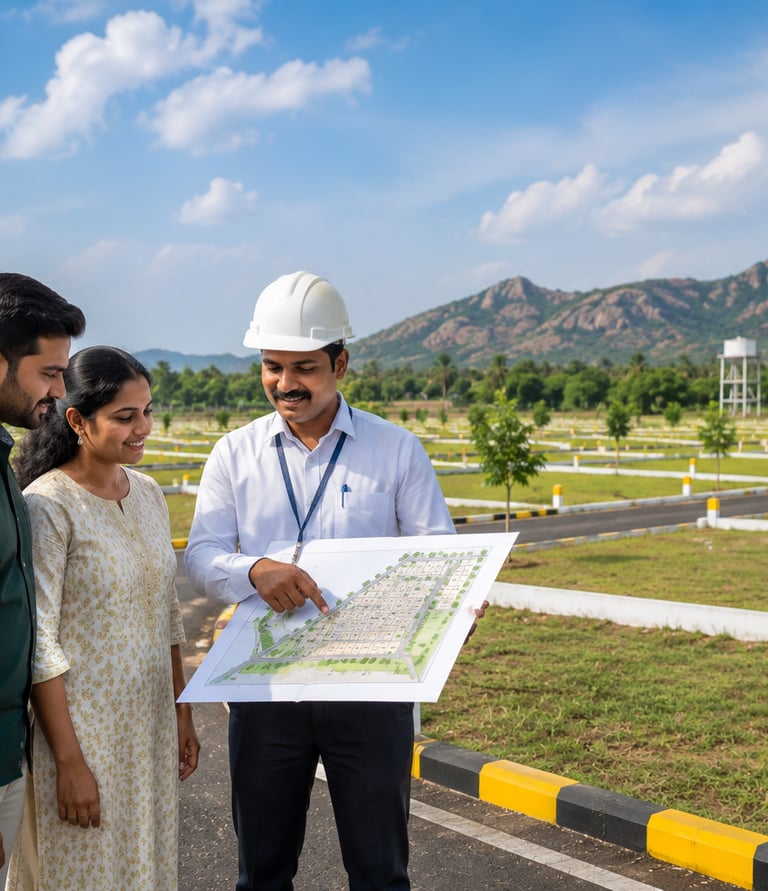 a civil engineer explaining about the site and plan for house construction
