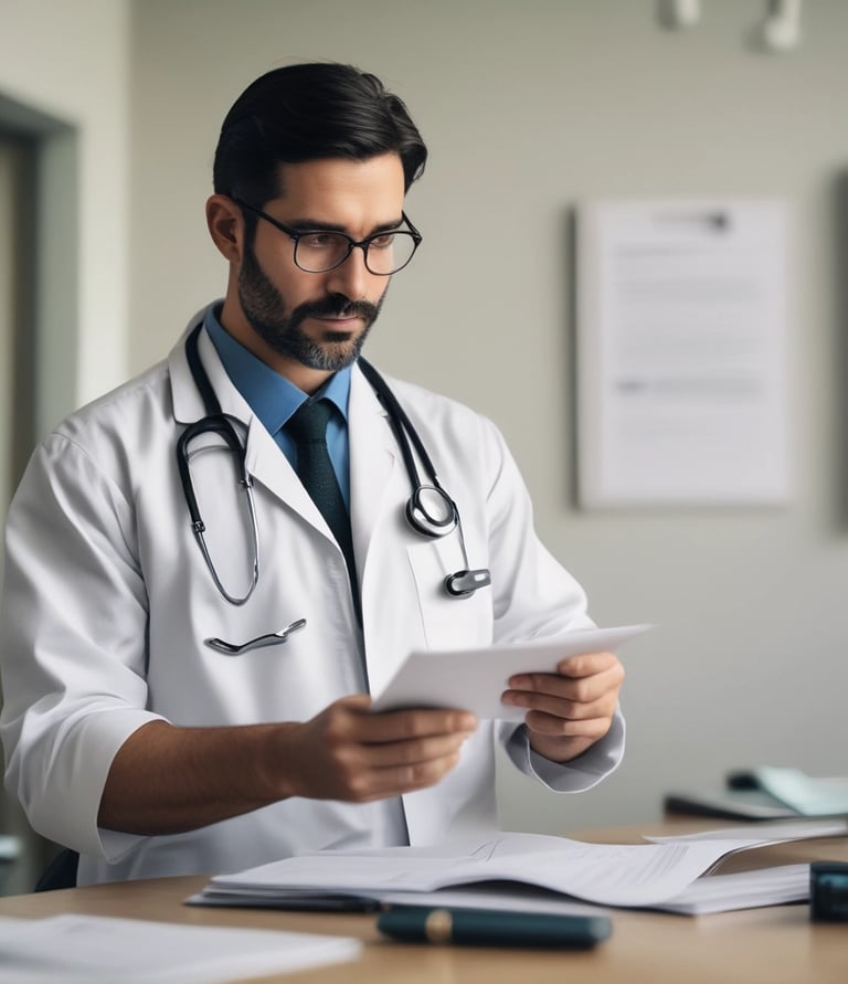 A friendly healthcare professional consulting with a hospital staff member in a bright, modern medical facility.