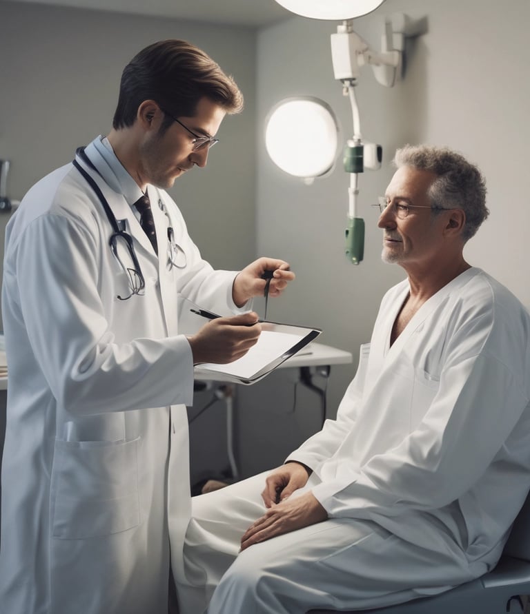 A team of doctors and nurses collaborating during a shift handover in a busy hospital ward.
