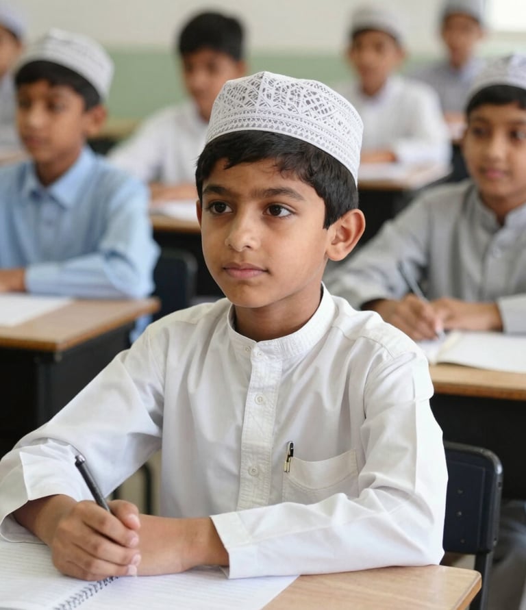 A warm classroom scene with students attentively learning from a teacher in traditional Islamic attire.