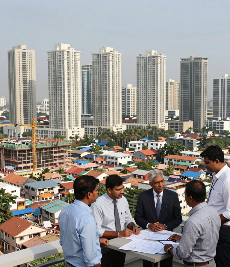 A professional team reviewing redevelopment plans around a conference table in a modern office.