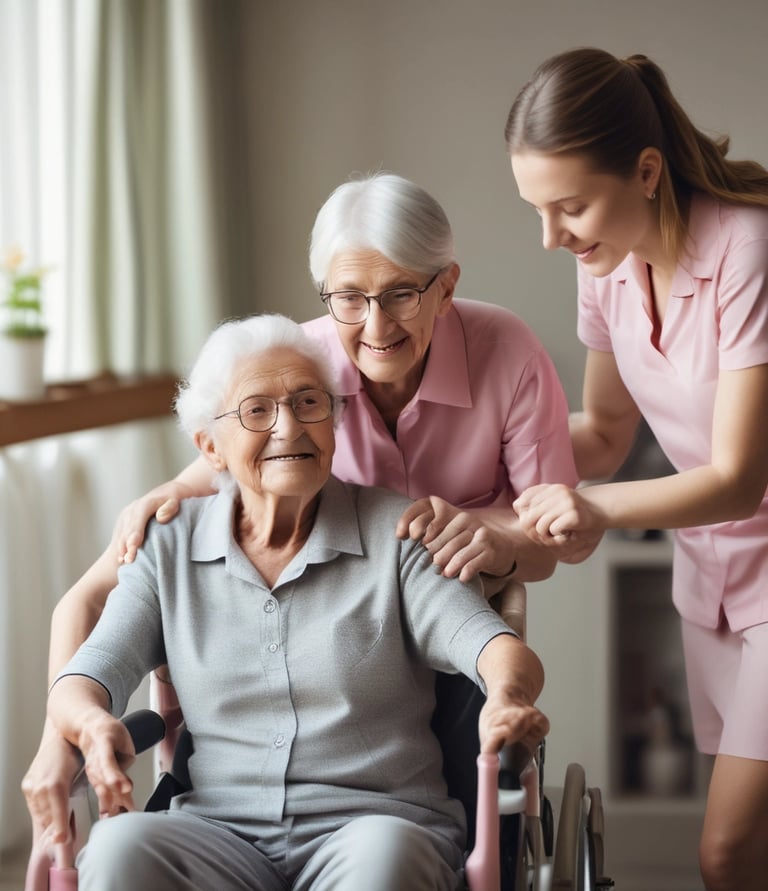 A group of calm and attentive caregivers engaging elderly residents in a joyful activity.