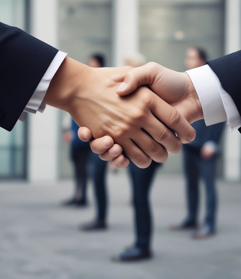 A close-up of hands exchanging a contract over a modern office desk, symbolizing partnership and trust.