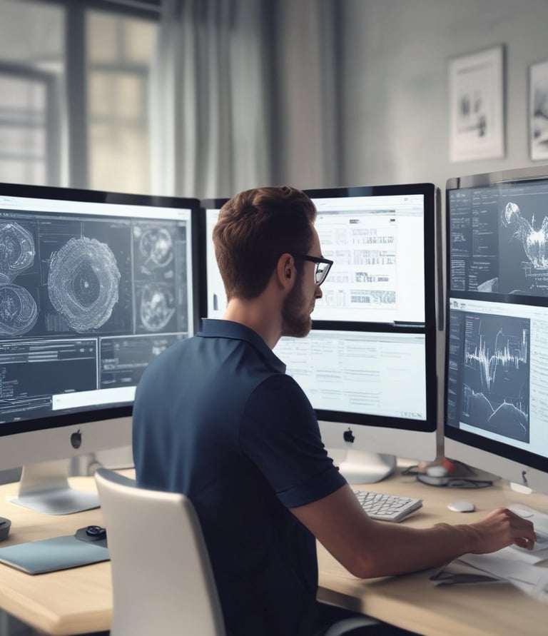 A friendly team collaborating over laptops in a bright, modern office space.