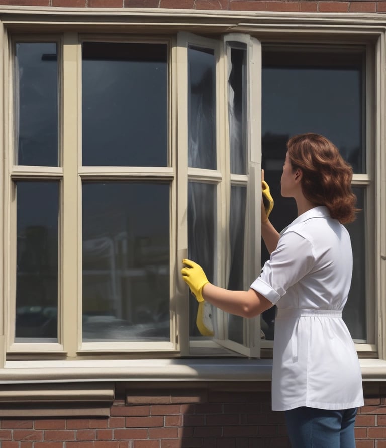 Professional cleaner in uniform cleaning office windows with golden and black color accents.