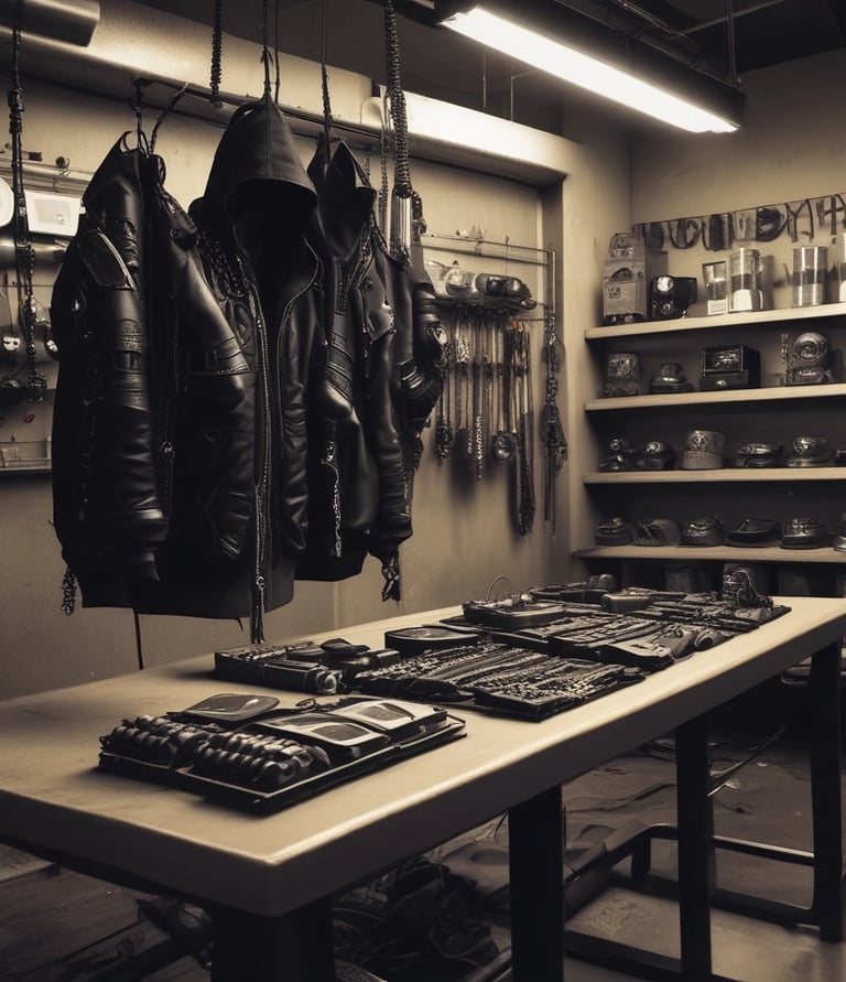 A collection of acid and rave-inspired fashion items displayed on a rustic wooden table