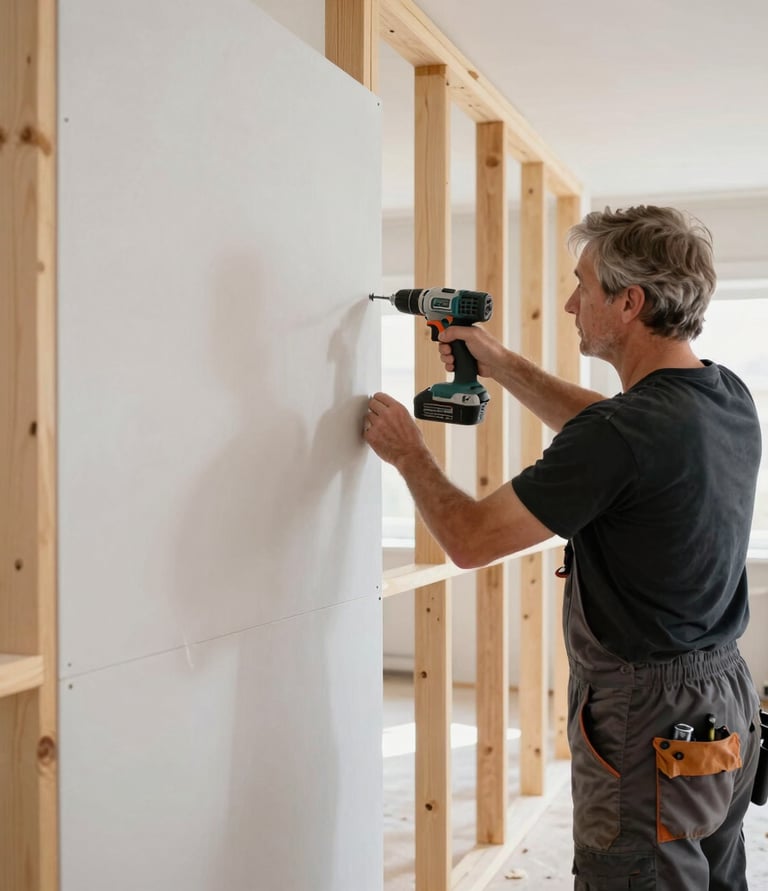 Close-up of a professional worker installing elegant wooden flooring in a bright living room.