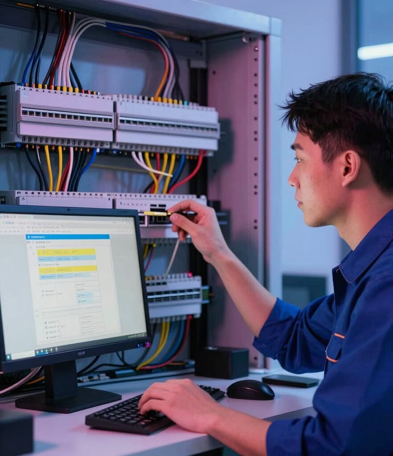 Futuristic cyberpunk style electrician working on a smart home control panel with glowing blue and pink lights.