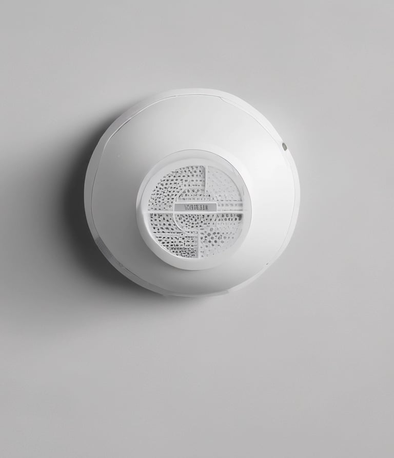 Technician installing a smoke detector on a ceiling in a commercial building.