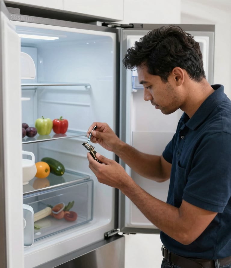 Smiling technician holding tools next to a refrigerator in a bright kitchen.