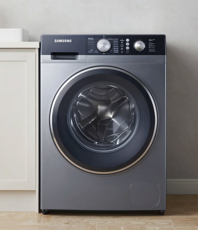 Technician repairing a washing machine inside a cozy Bogotá home.