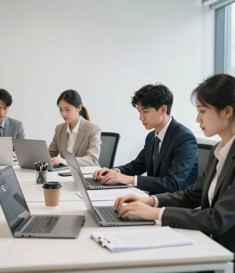 A modern office space with professionals collaborating over laptops and digital devices.