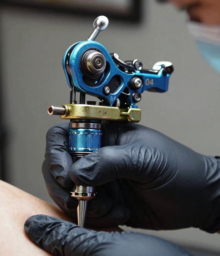 Close-up of a vibrant tattoo in progress, showing detailed needlework on skin.