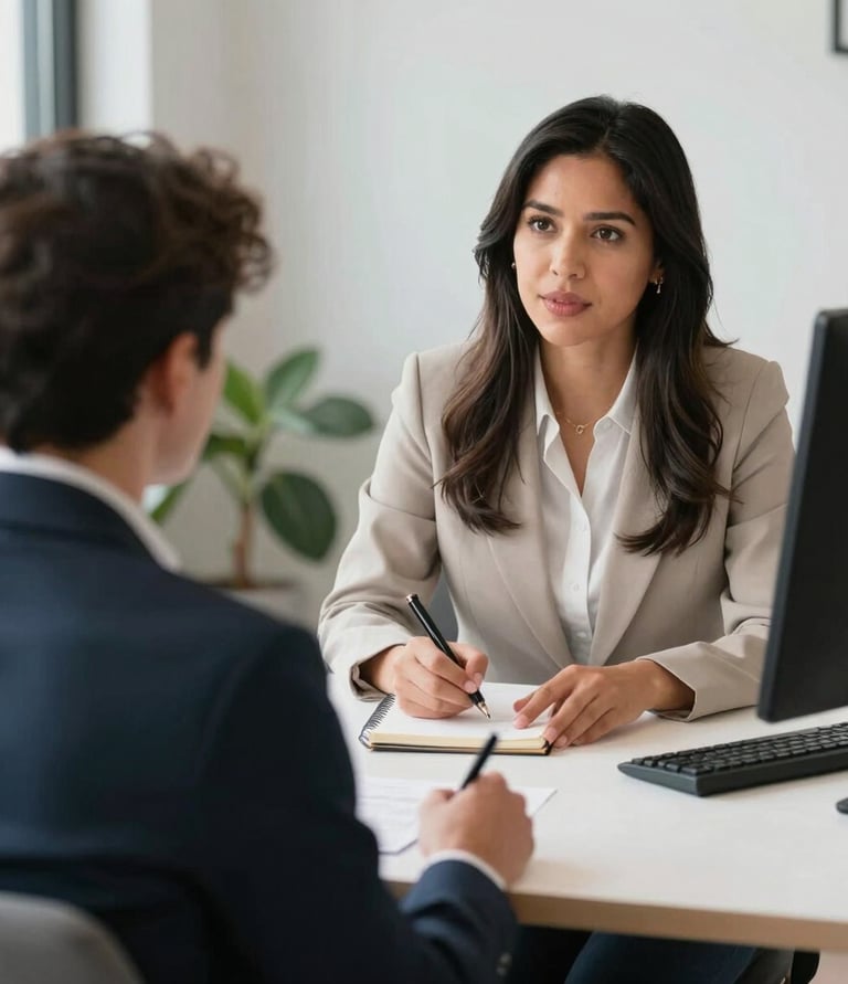 A professional consultant discussing financial documents with a client in a modern office.