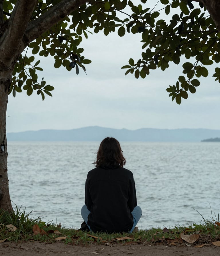 A woman sitting on a sofa, looking thoughtfully out the window, reflecting.