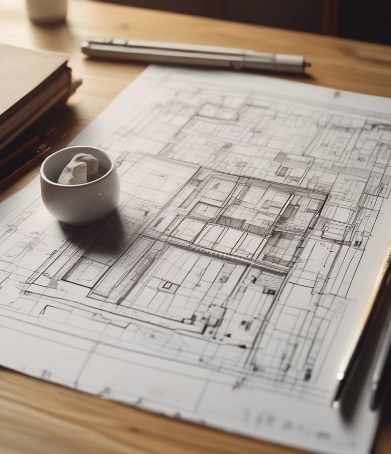 A close-up of hands sketching architectural plans on a wooden table bathed in natural light.