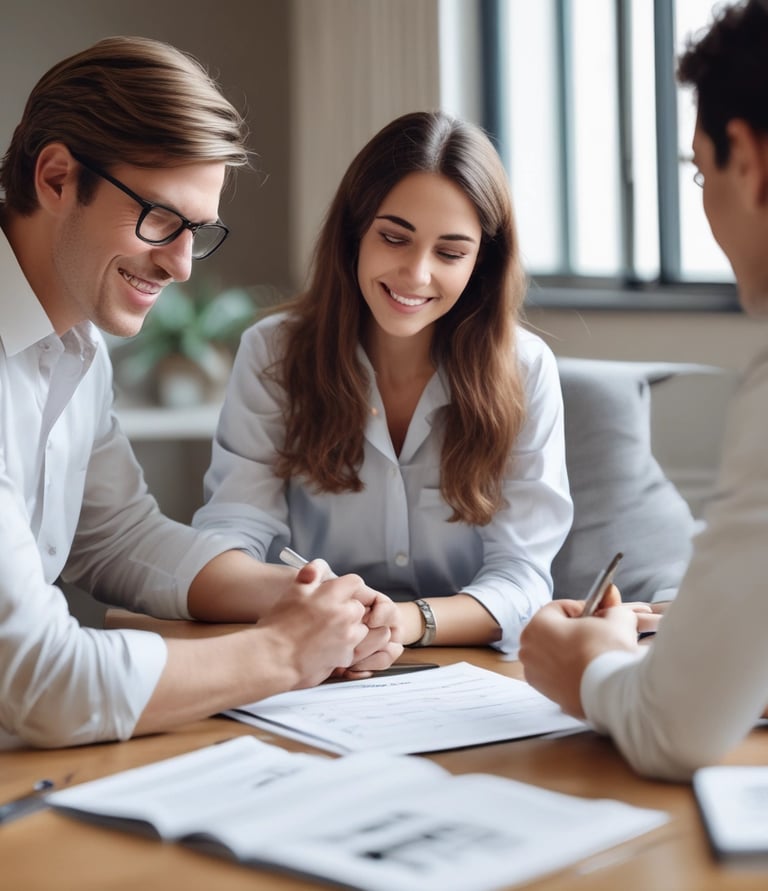 A friendly financial advisor discussing options with a smiling client in a cozy office.