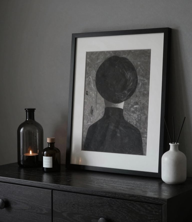 Watercolor living room illustration with mid-century furniture, botanical wall art, and cozy decor.