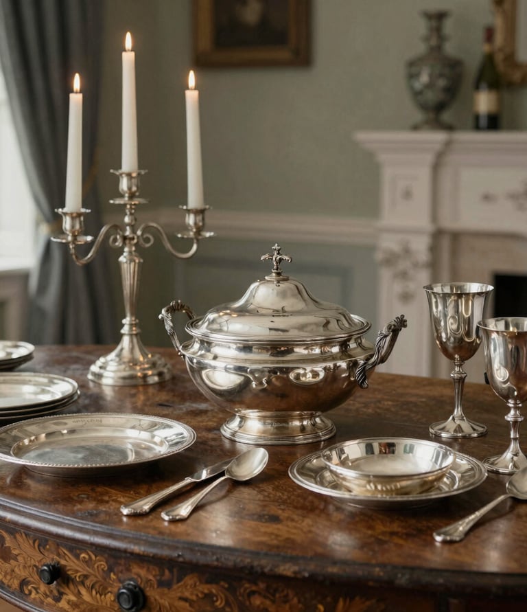 Elegant antique silver teapot and teacup set displayed on a grey stone surface with a candelabra.