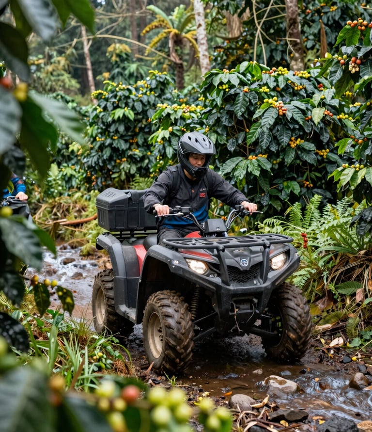 Thrilling shot of a rider speeding on the X-track ATV trail surrounded by dense forest.
