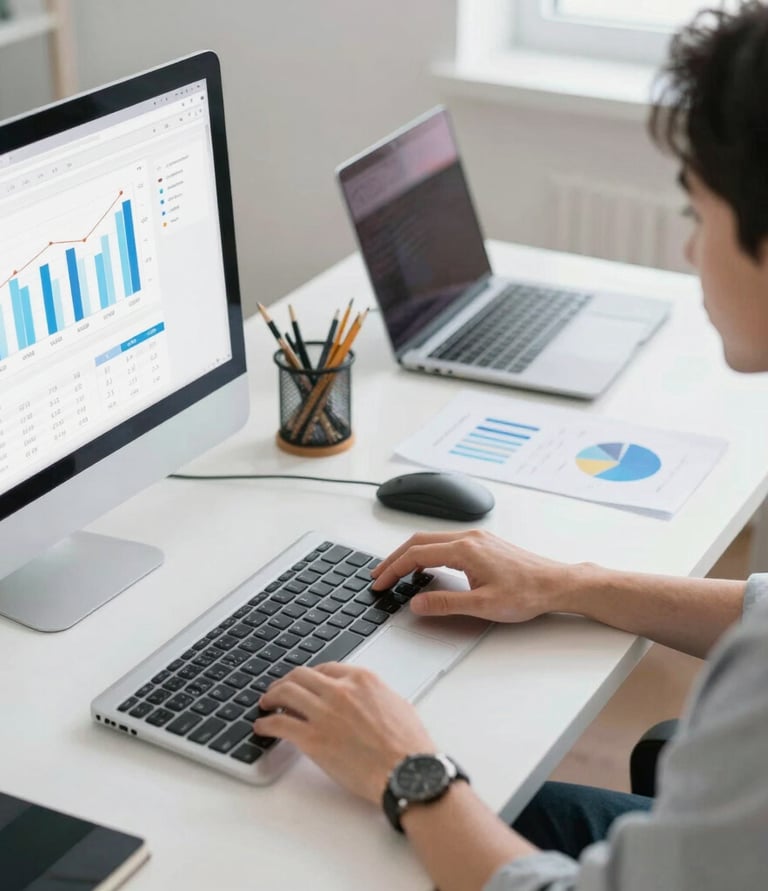 A modern office workspace with a laptop displaying digital marketing analytics on screen.