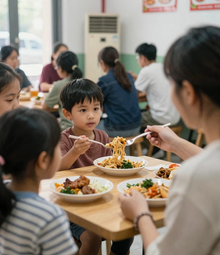 A volunteer handing a warm meal to a grateful family in a cozy community center.