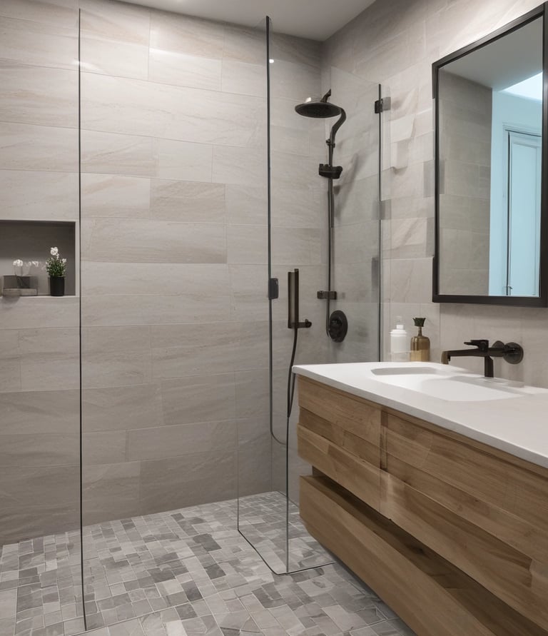 Close-up of hands skillfully laying intricate tile patterns in a bathroom remodel.