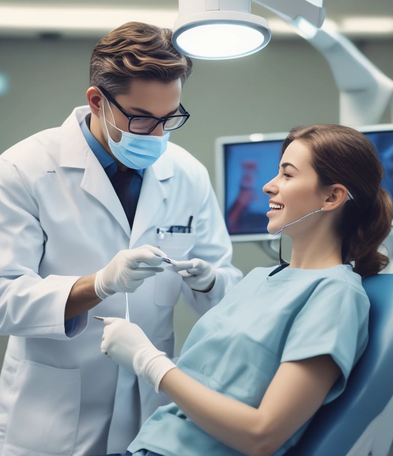 Close-up of a dentist using a digital assistant in a modern dental clinic.