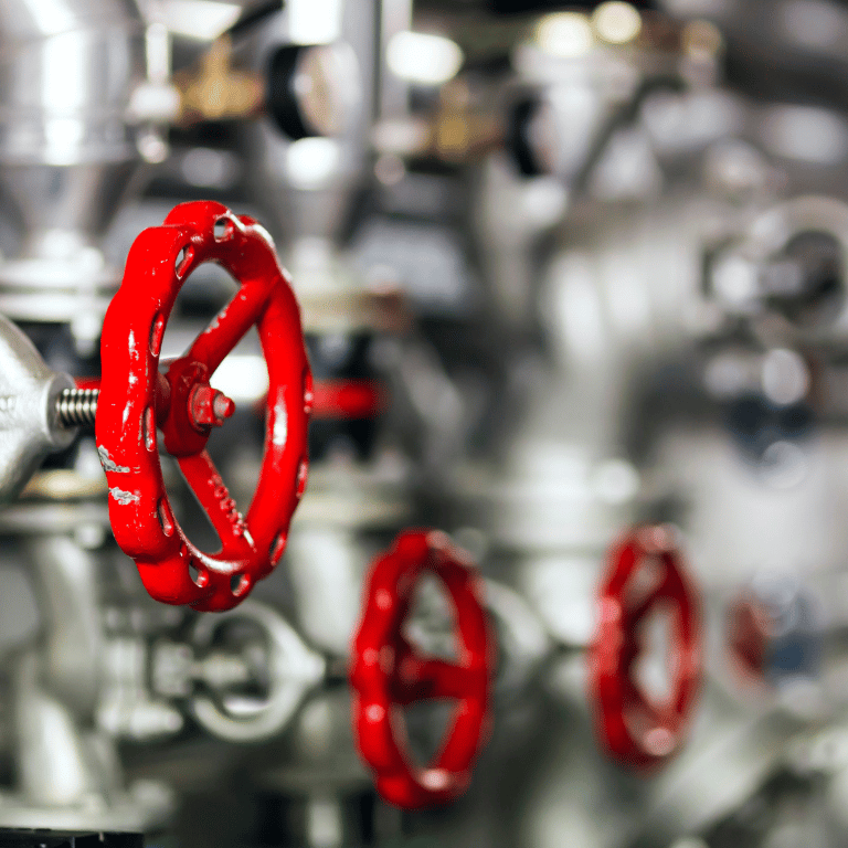 Fernwärme-Heizungsanlage mit Rohrleitungen und roten Ventilen in der Gebäudetechnik