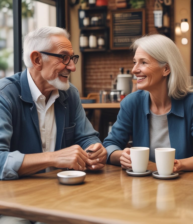 A small group of smiling seniors enjoying a lively conversation around a dining table in a bright, welcoming community room.