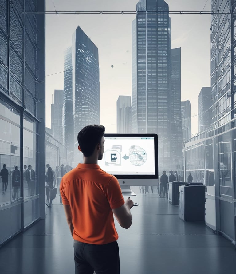 Photo of a diverse team collaborating over digital tablets and laptops in a bright, modern office.