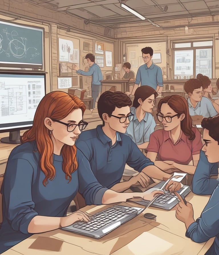 A team of educators and tech experts collaborating over a laptop in a modern office.