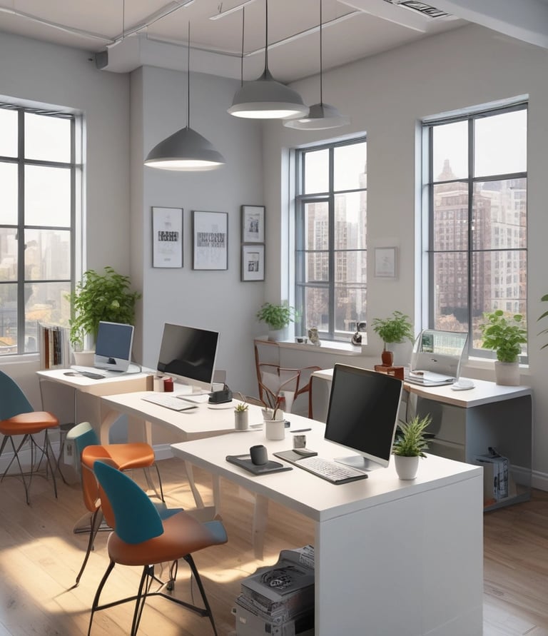 Modern blue and white themed cleaning team working inside a bright city apartment.