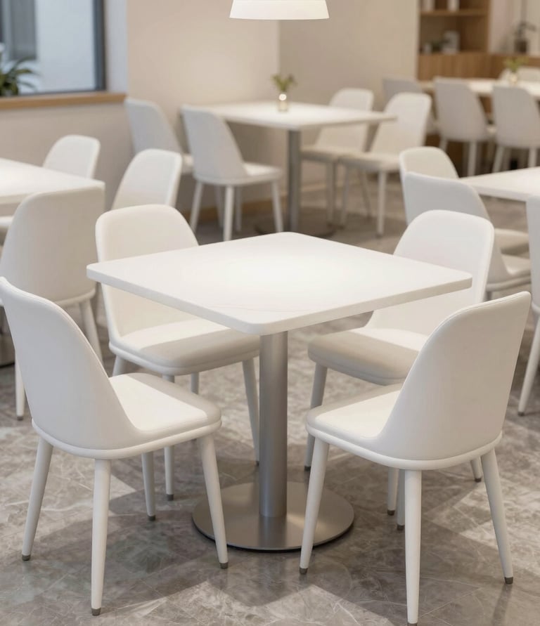 A cozy restaurant corner featuring sturdy melamine tables with warm lighting.