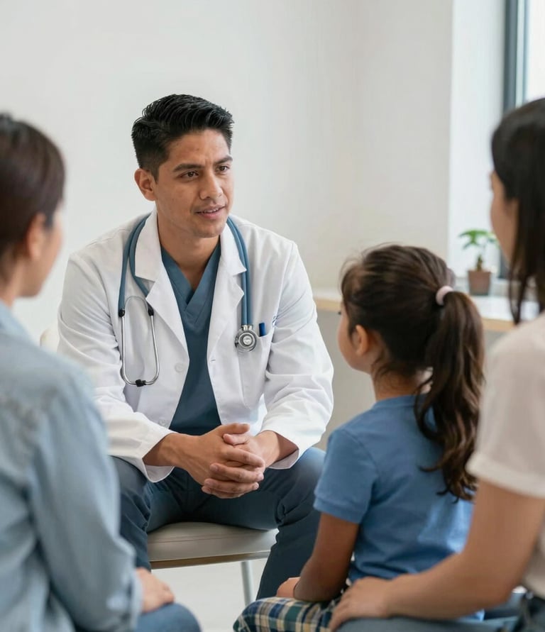 A comforting scene of a family and therapist sharing a moment of understanding and support.