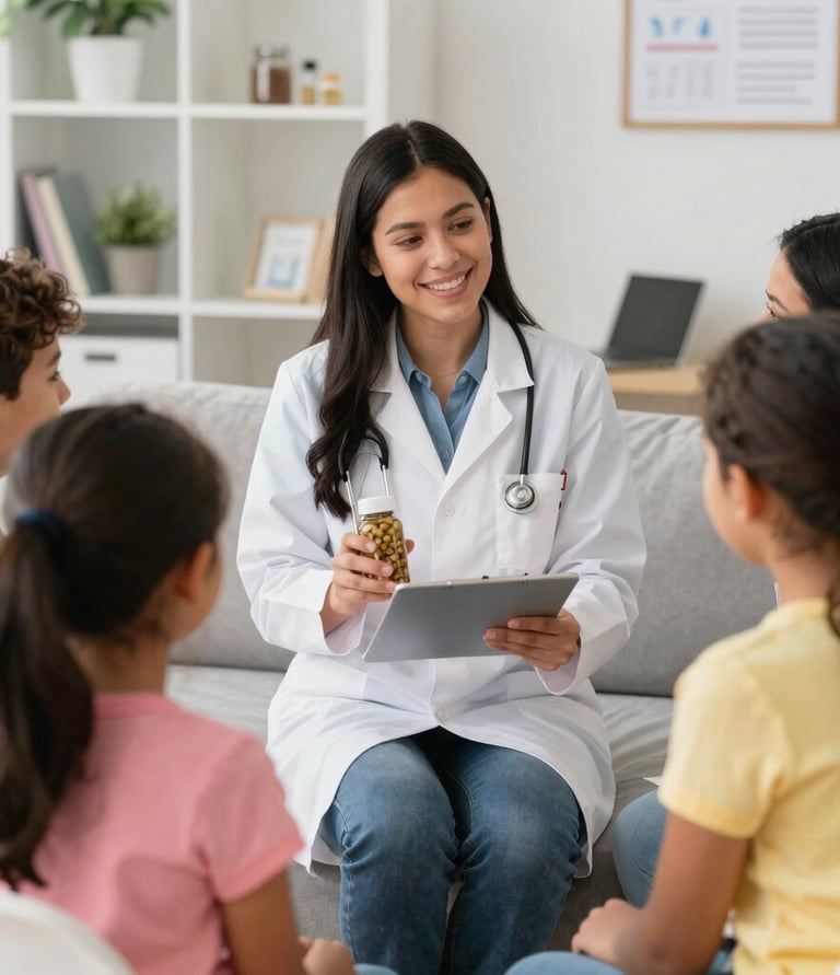 A friendly professional gently interacting with a child in a bright, welcoming therapy room.