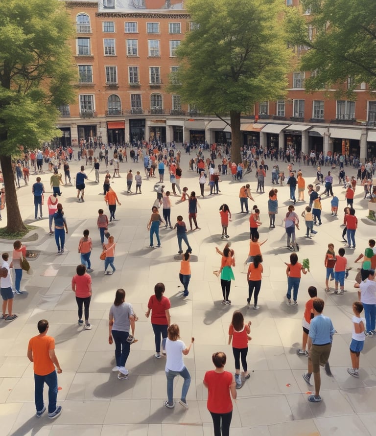 A group of people enjoying an outdoor team-building activity in a sunny park.