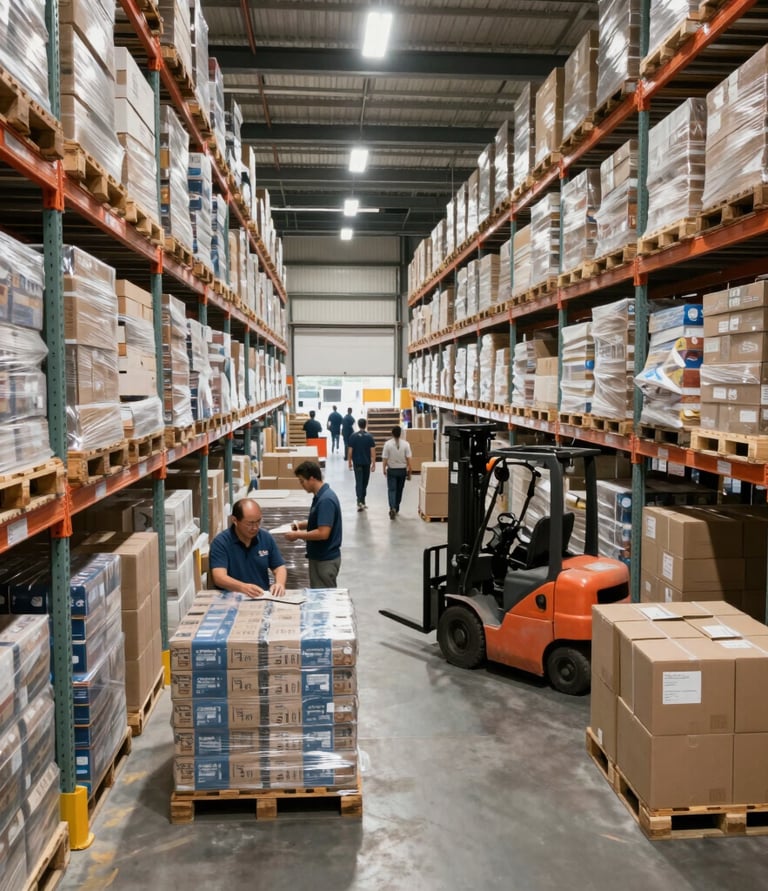 Stacks of premium Dominican food and beverage products ready for export, highlighting quality and care.