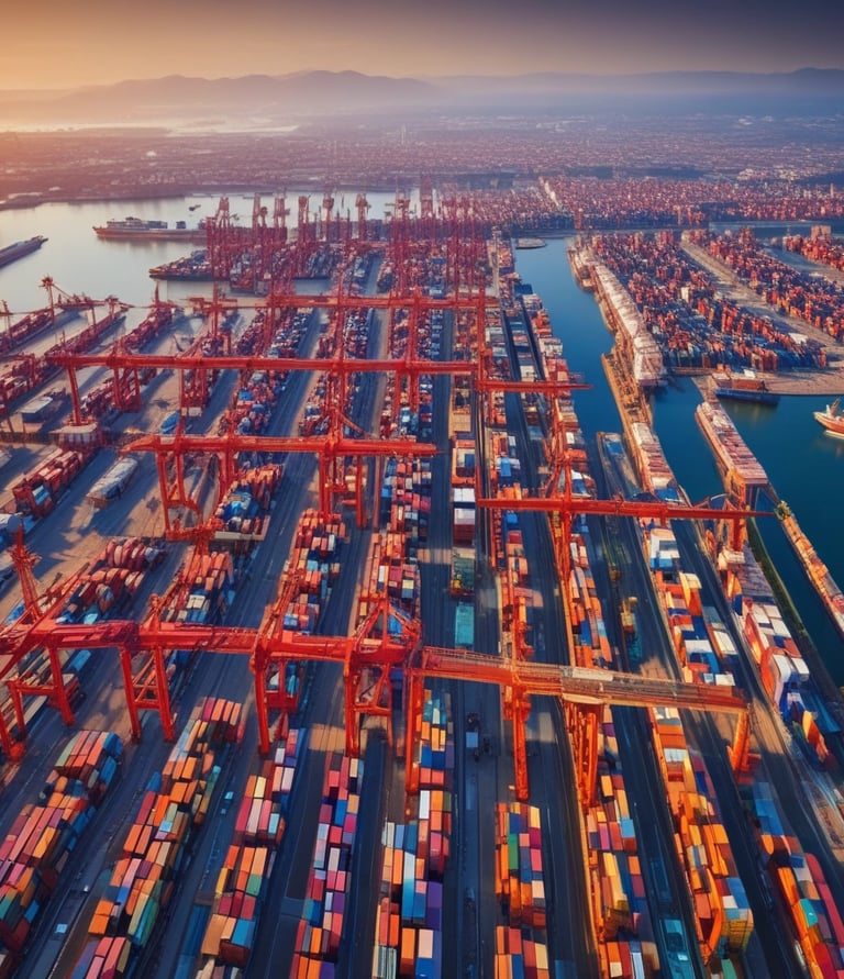 A bustling shipping port terminal with colorful containers stacked and cranes in motion under clear daylight.