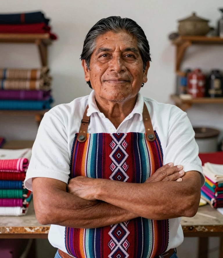 Retrato de un artesano veterano que lleva un delantal tejido tradicional y colorido en un taller
