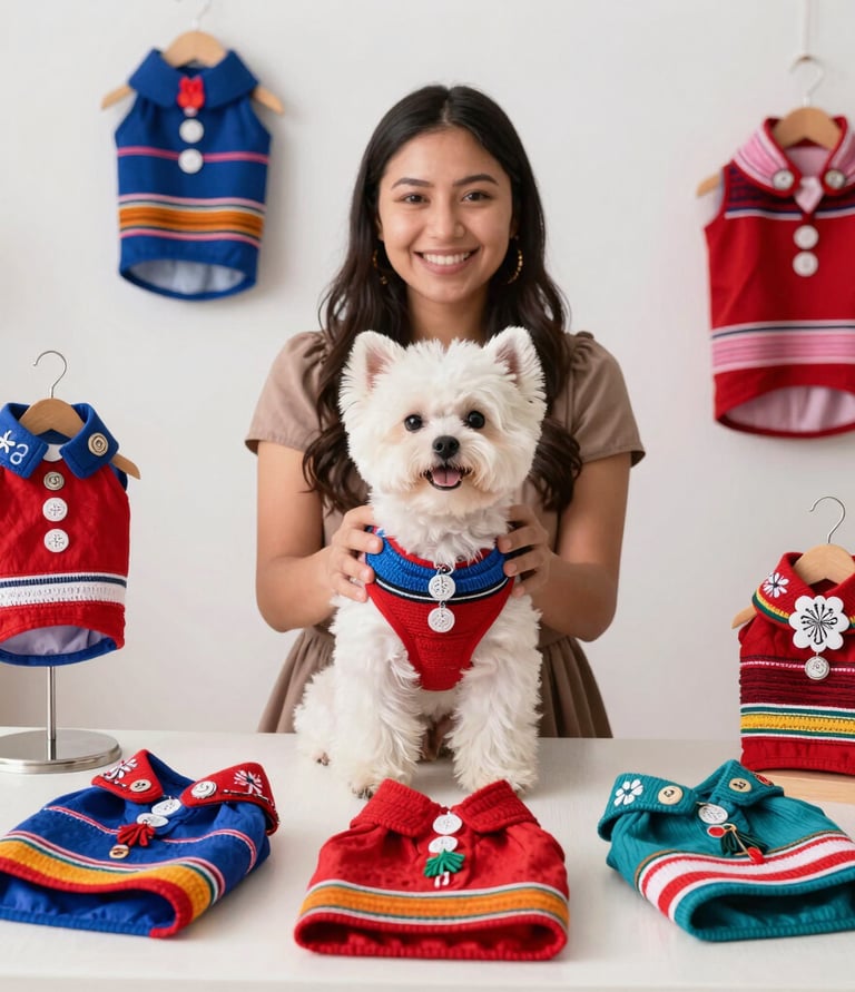 Una mujer sonriente muestra suéteres y chalecos para perros hechos a mano, junto a un perro maltés