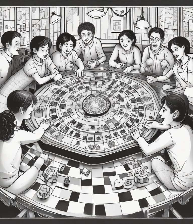 Close-up of hands moving game pieces on a stylish, orderly game board reflecting life and finance themes.