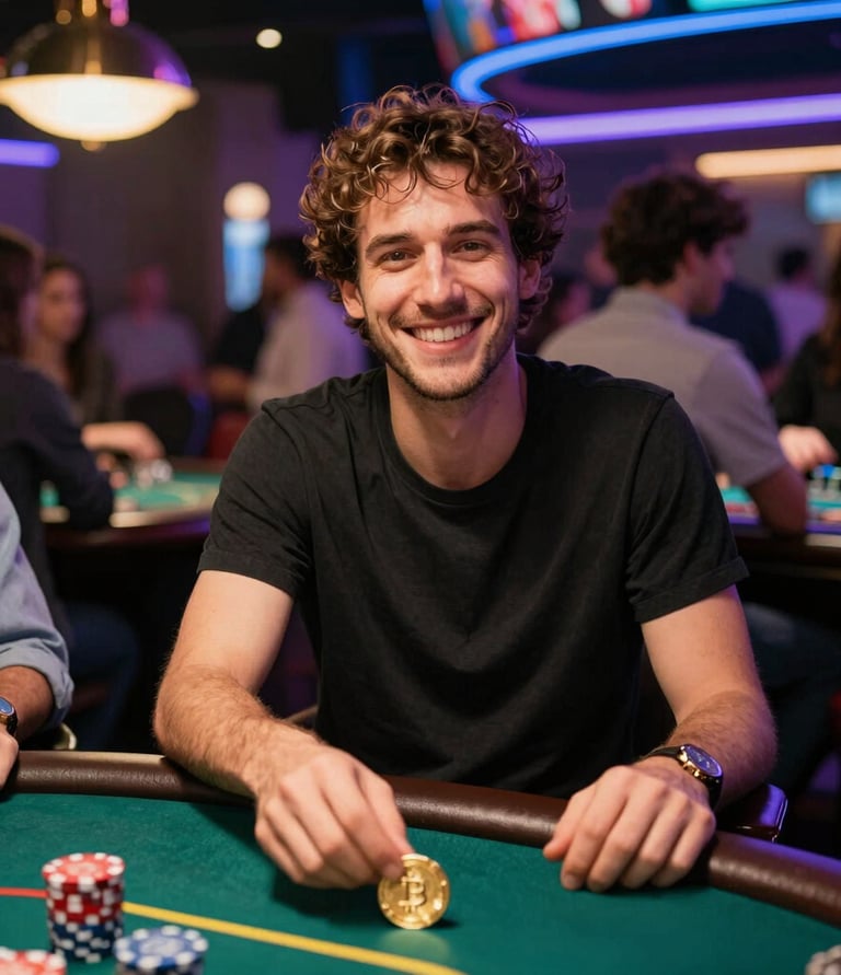 A happy person using a laptop surrounded by shopping bags and discount tags.