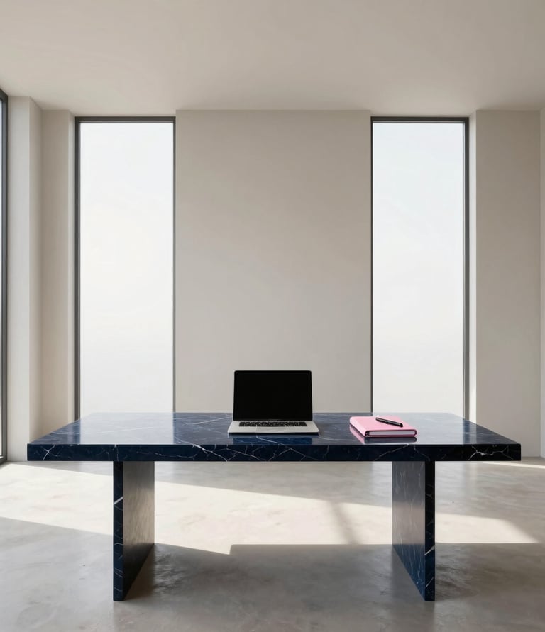 Modern minimalist home office featuring a blue marble desk with a laptop and pink notebook.