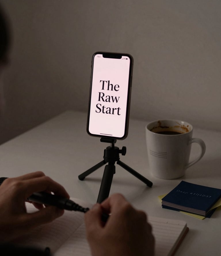 A person recording a podcast using a smartphone on a tripod with a coffee mug and notebook.
