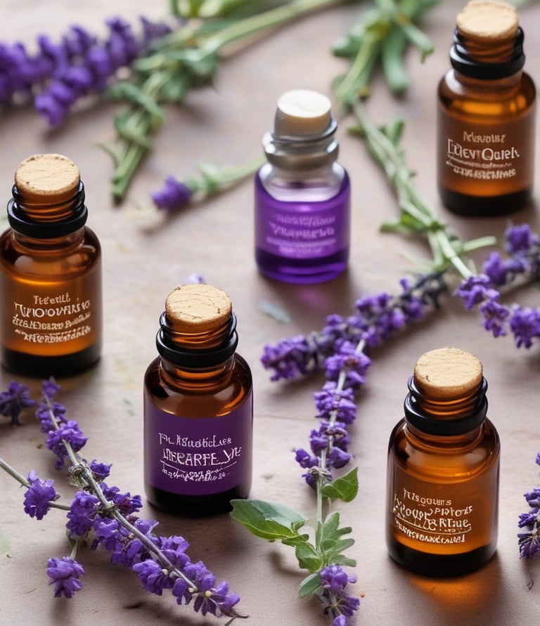 Close-up of a small jar of headache balm surrounded by fresh lavender, peppermint leaves, and beeswax.