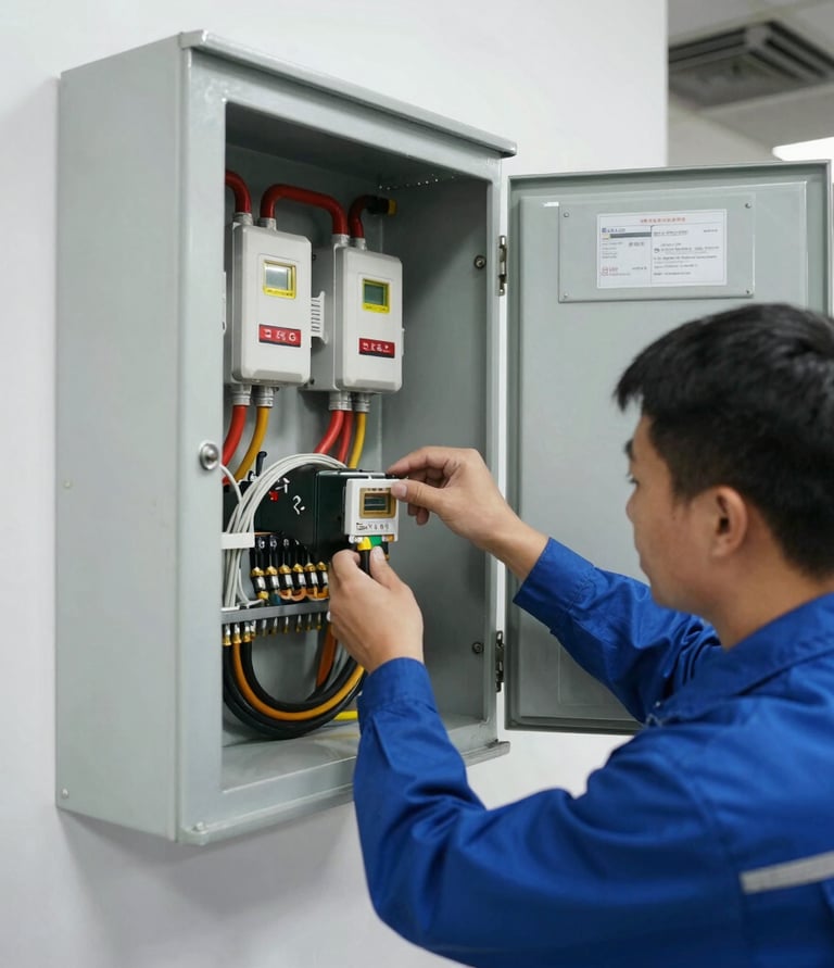Technician arriving quickly in a service van with tools in a busy Spanish city street.