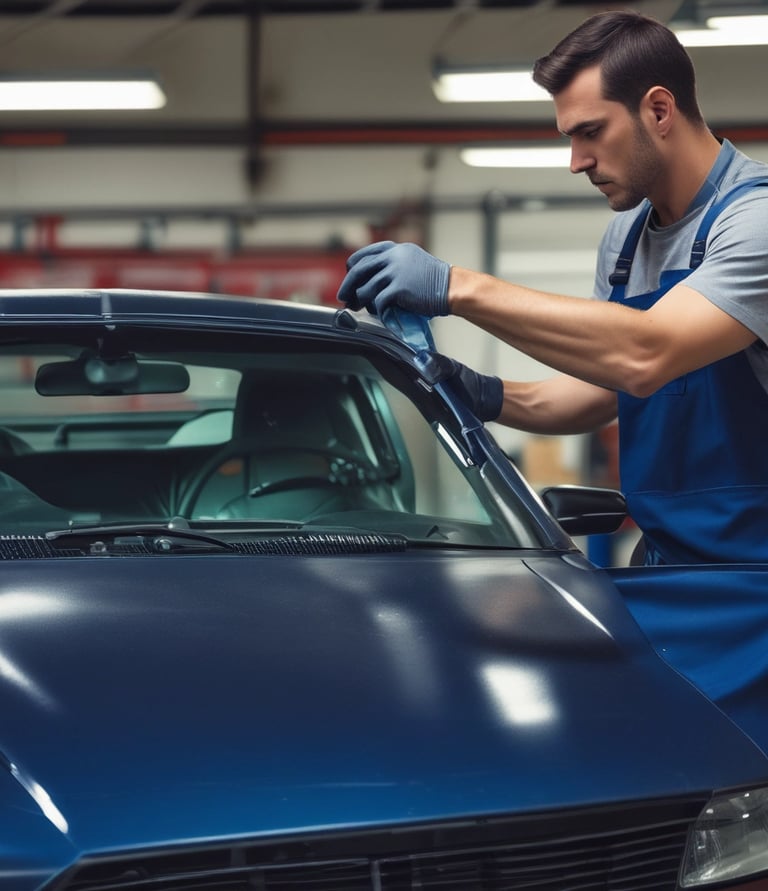 A clean, modern auto shop with technicians using absorbent wipes on vehicle surfaces.
